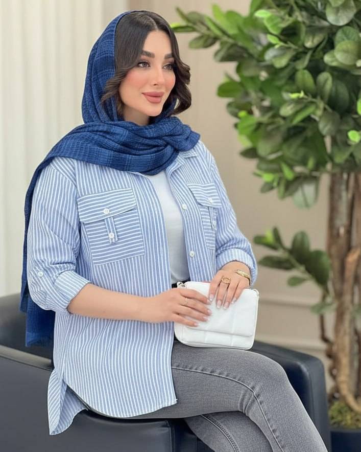 شومیز نخی راه راه جیب صلیبی