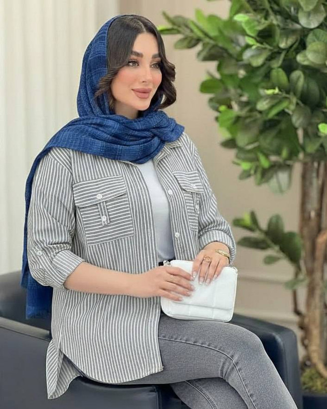 شومیز نخی راه راه جیب صلیبی