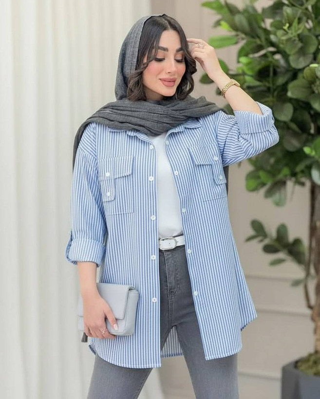 شومیز نخی راه راه جیب صلیبی