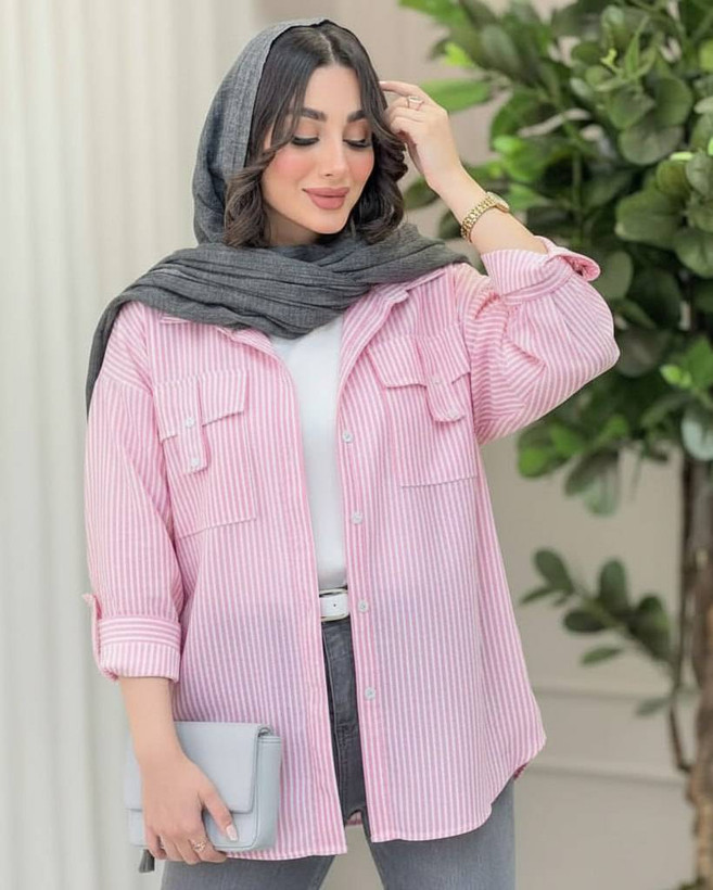 شومیز نخی راه راه جیب صلیبی