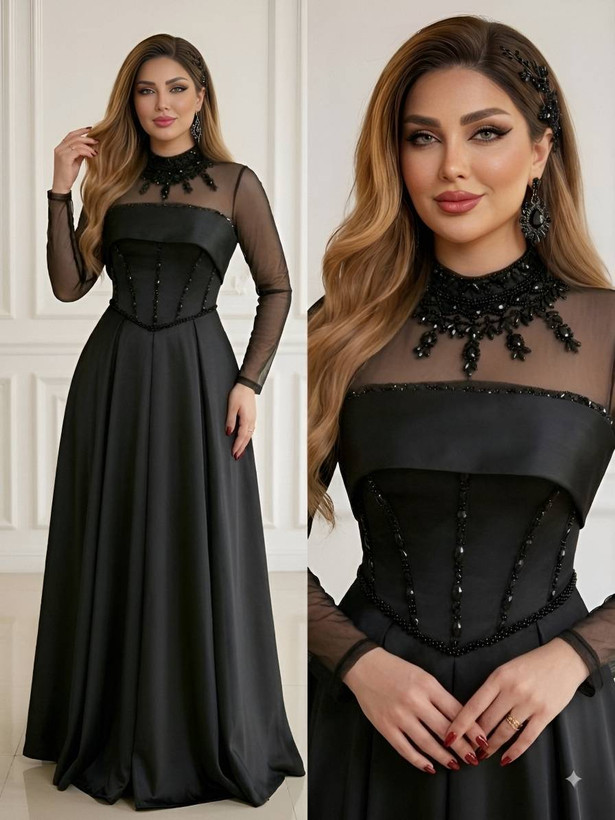 لباس مجلسی مدل الیزابت ساتن امریکایی سنگ دوزی شده تور مژگان