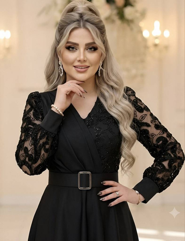 لباس مجلسی لیلیوم کرپ غواصی خرجکار پولکی ترک به همراه کمربند